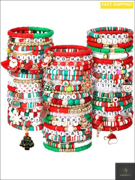 Jewelry - 64 Pc Christmas Polymer Clay Beaded Stretch Bracelets Set Stackable